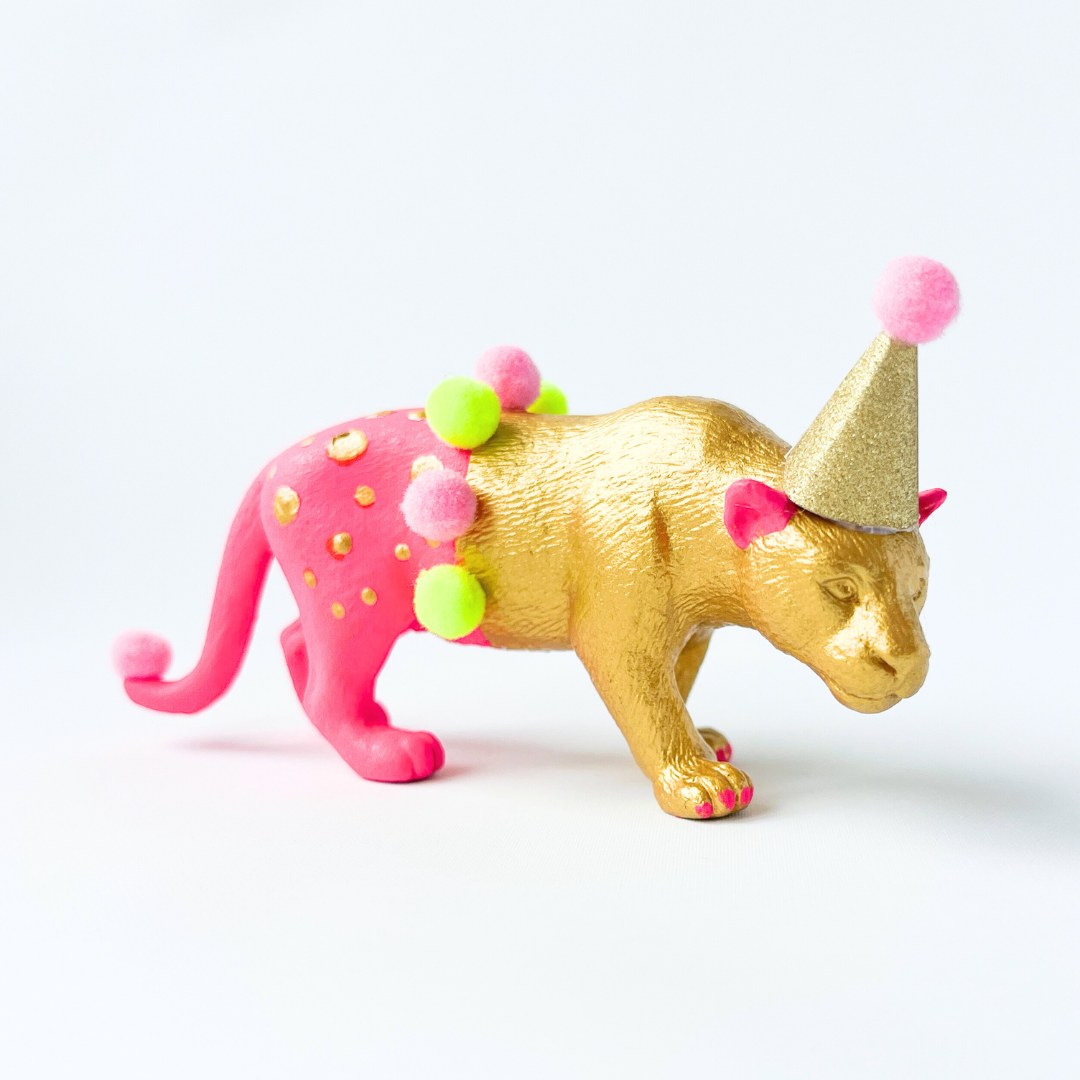 Gouden Feestdier Panter | Handgemaakt & Pre-Loved - roze, geel