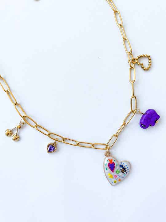 Stainless Steel Jasseron Ketting met Paarse Bedels – paars goud