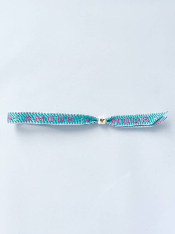 Kinderarmband lint met tekst 'Amour' - turquoise roze