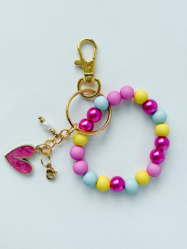 Sleutelhanger met verwisselbare dierenbedels - roze geel turquoise