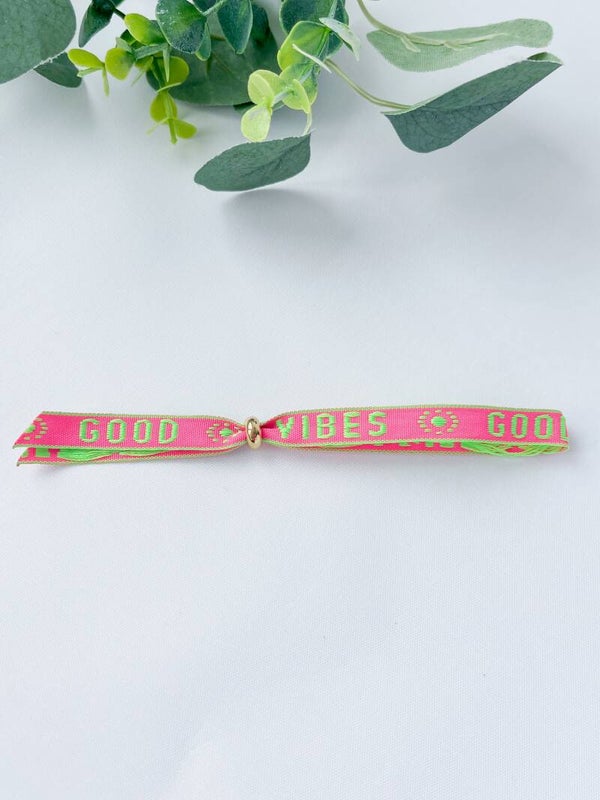 Damesarmband lint met tekst 'Good Vibes' - roze, groen