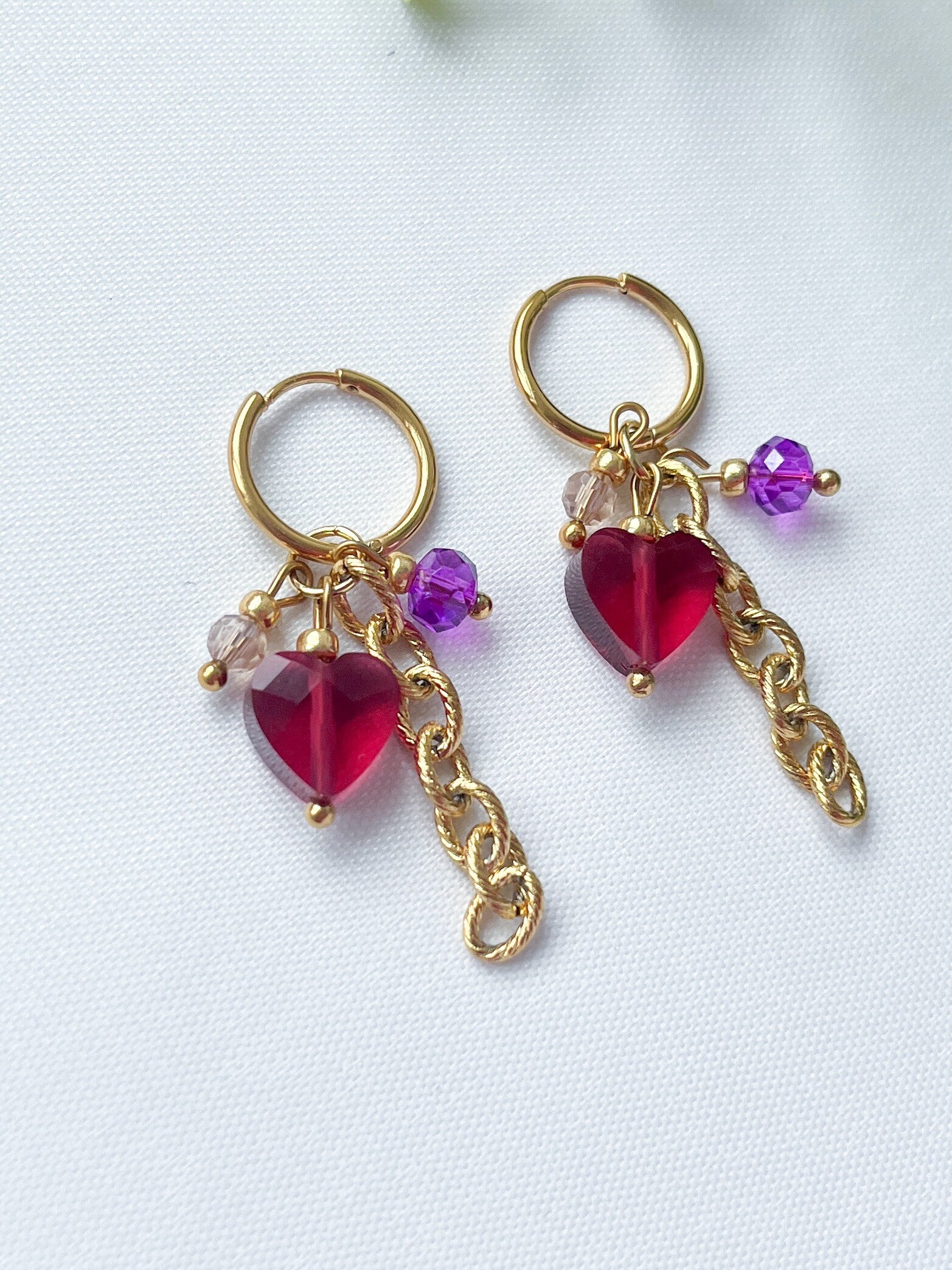 Oorbellen dames met hartje - roze paars