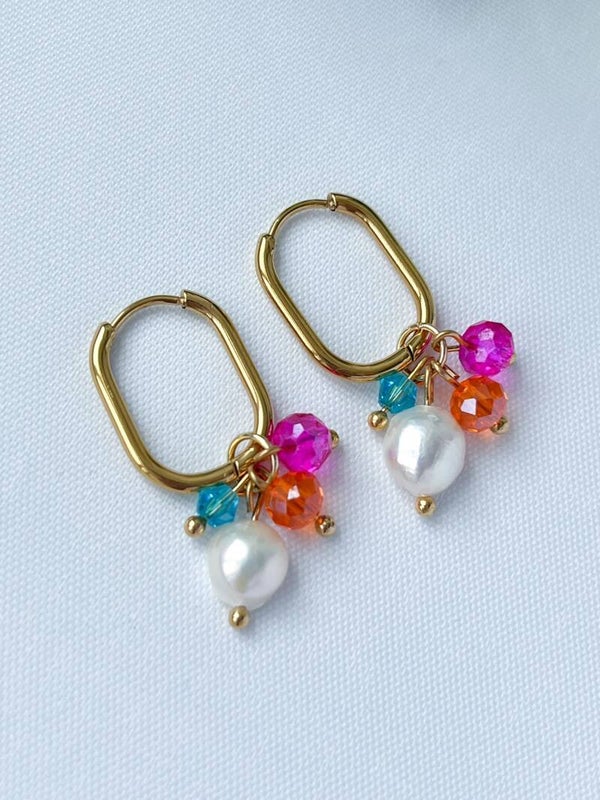 Oorbellen dames met zoetwaterparel - roze oranje turquoise