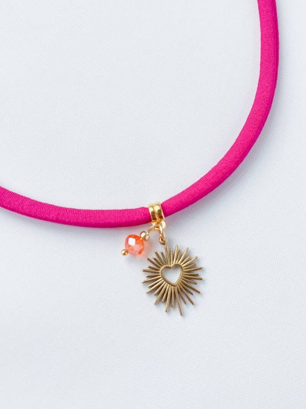 Ketting Ibiza elastiek dames Hart - roze oranje