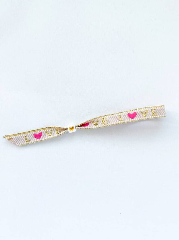 Kinderarmband lint met tekst 'Love' - beige roze goud