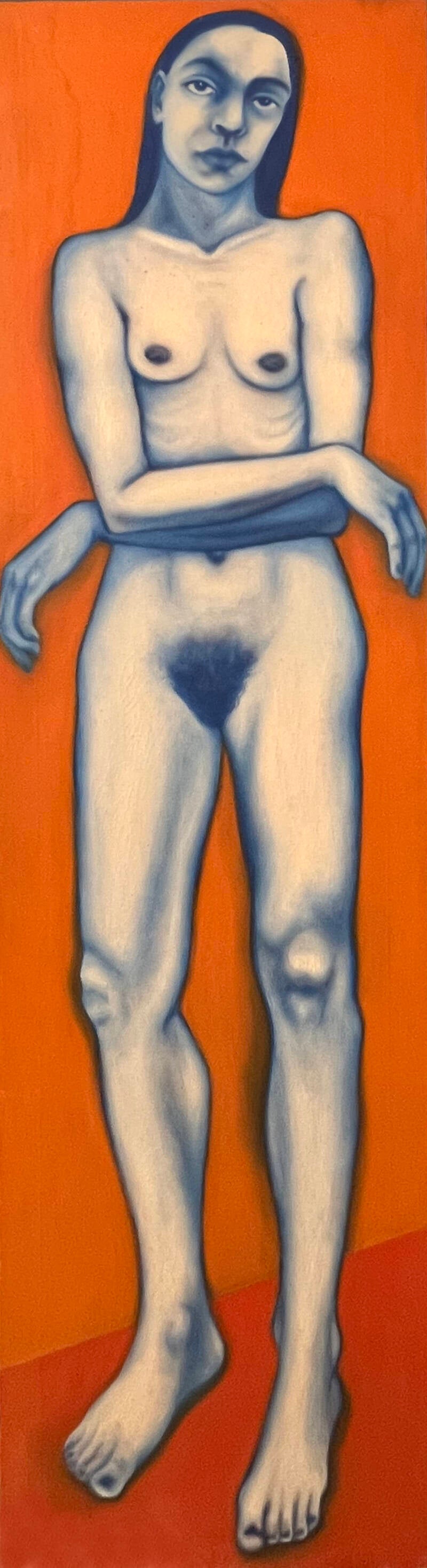 quadro olio su tela con donna completamente nuda con le braccia incrociate come un idolo cicladico