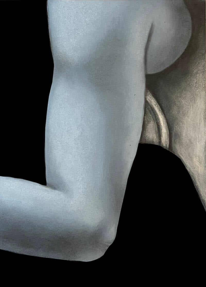 Olio e acrilico su carta. Dettaglio di braccio nudo di profilo