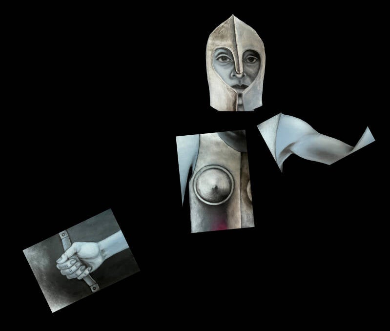 Donna guerriera a pezzi con l'armatura che tiene uno scudo in mano