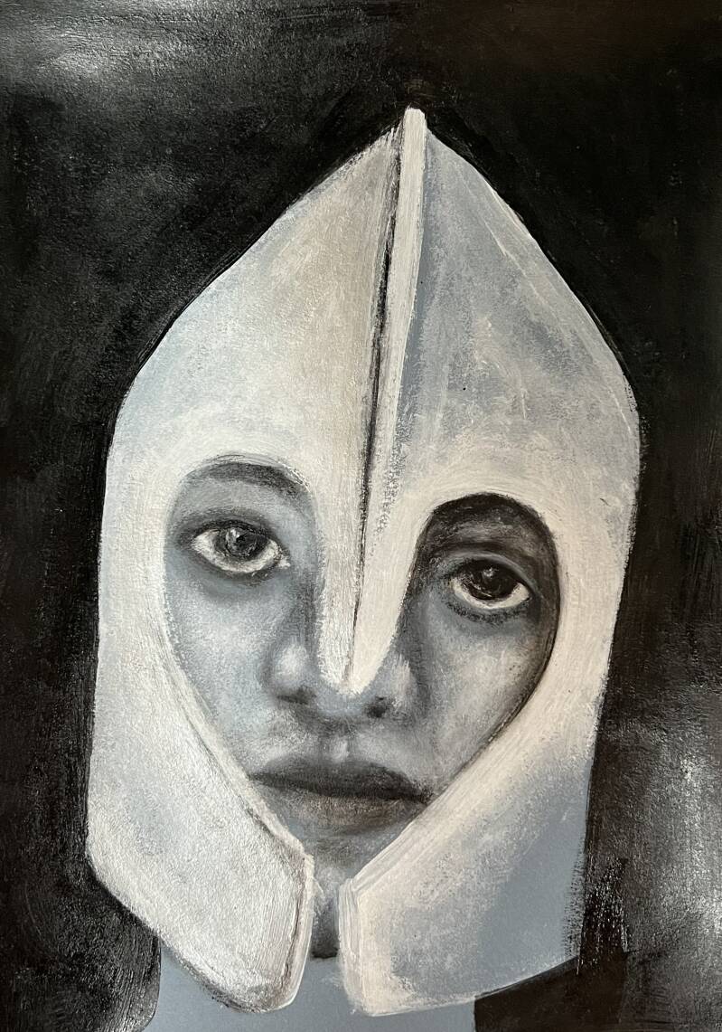 Olio e acrilico su carta. Volto di donna con elmo a forma di cuore