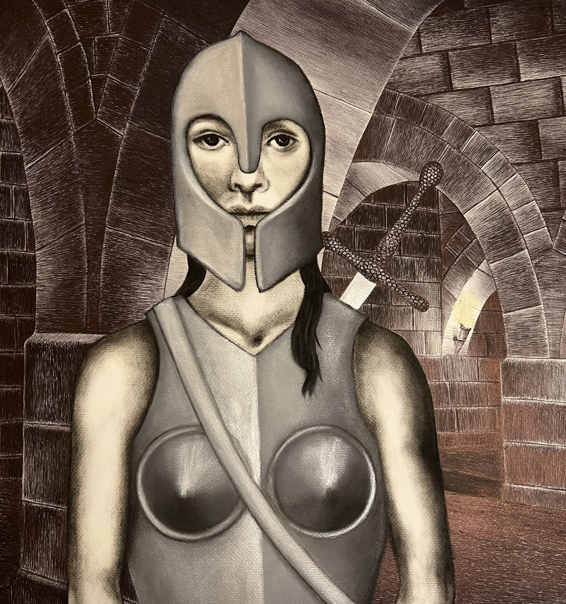 donna che indossa una armatura penna e olio su carta 