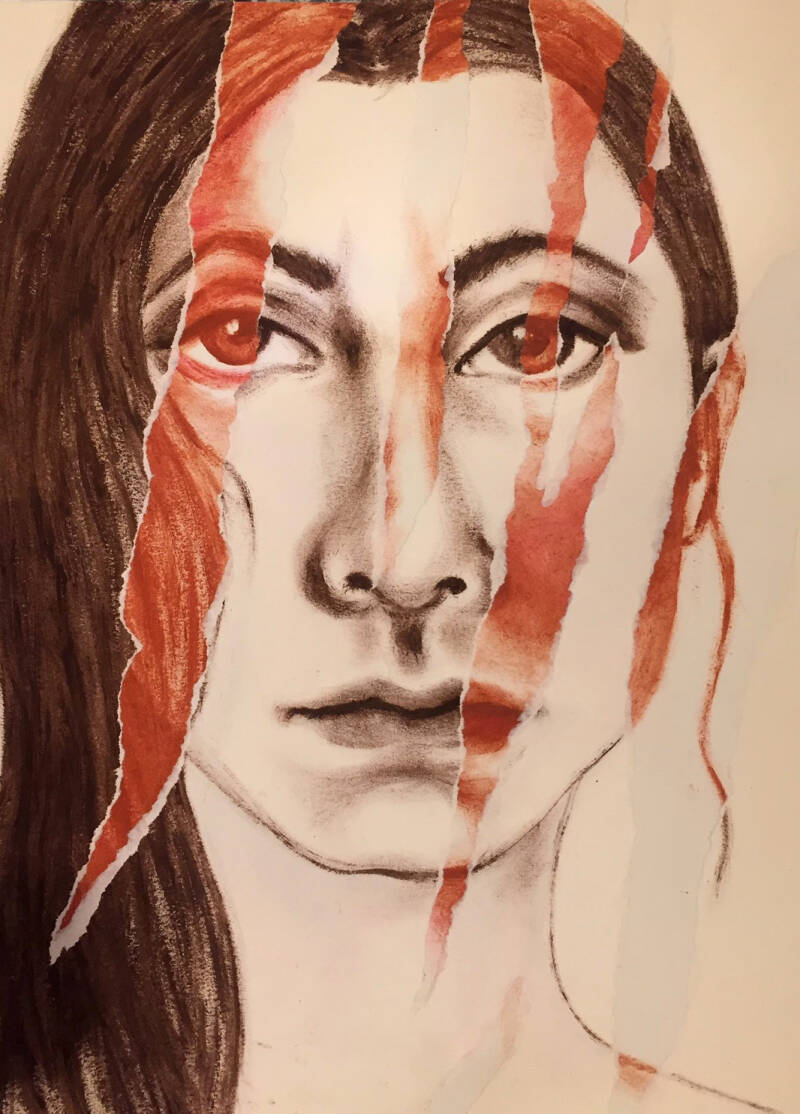 Olio su carta. Volto e poi strappato. Nella parte interna si vede il color sanguigna come uno scorticato anatomico o come un affresco con sotto la sinopia