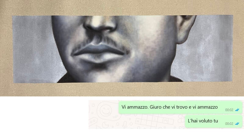 Stalker 8 olio su tela. L'opera riproduce un particolare della foto di un assassino per amore tratta dall'Atlante criminale del "L'uomo delinquente" di Cesare Lombroso