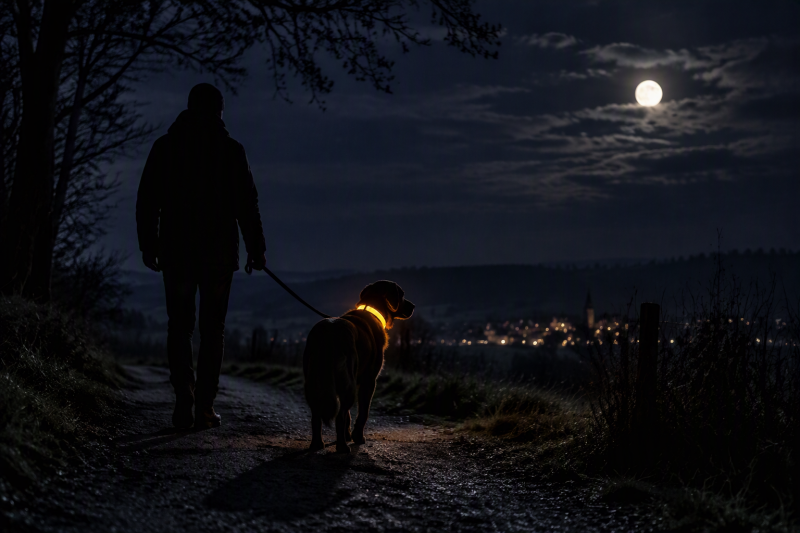 Spaziergänger mit Hund im Dunkeln
