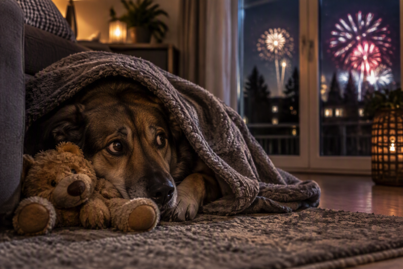 Hund verkriecht sich ängstlich unter einer Decke