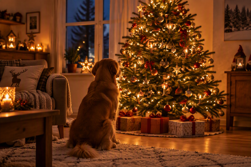 Hund sitzt vor einem Weihnachtsbaum