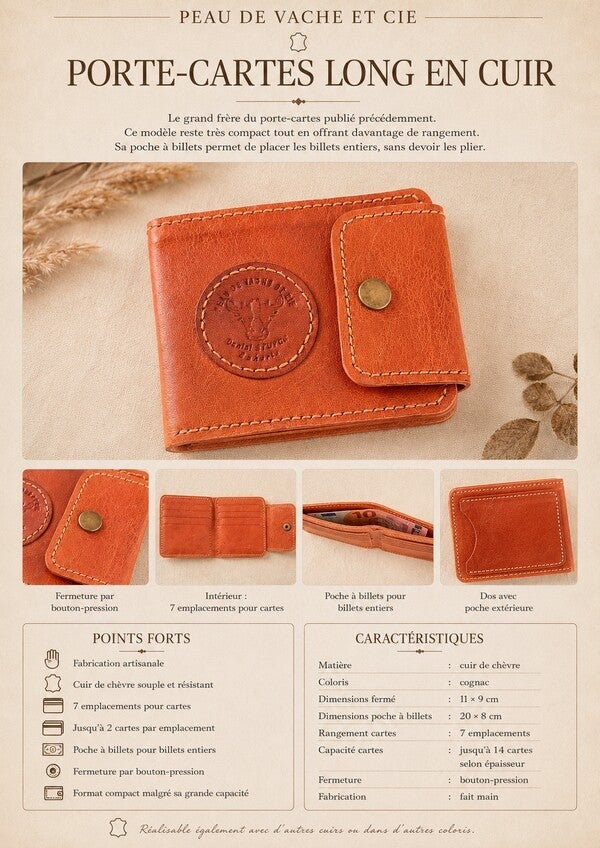Porte-cartes long en cuir de chèvre cognac
