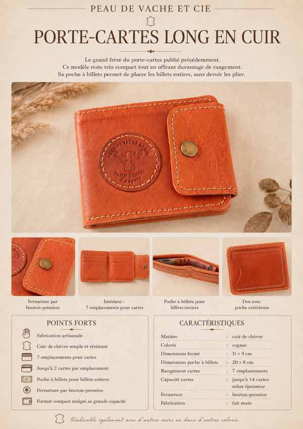 Porte-cartes long en cuir de chèvre cognac