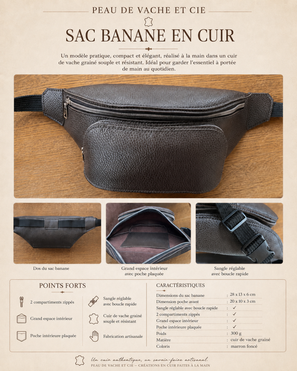 Sac banane en cuir grainé marron foncé