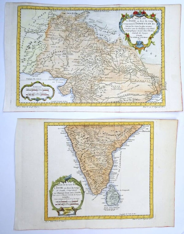 India, Sri Lanka – set of 2 maps Bellin, 1752, Carte de l´Inde ...l´Indoustan / Suite de la Carte de l´Inde... IIe Feuille...