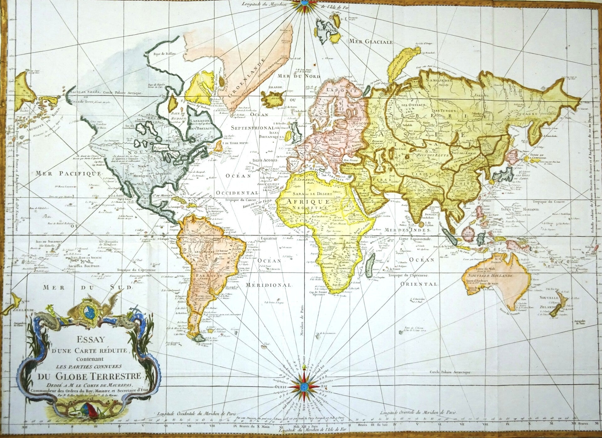 World map, Bellin, 1748/1778, Essay d´une Carte Reduite …Globe Terrestre