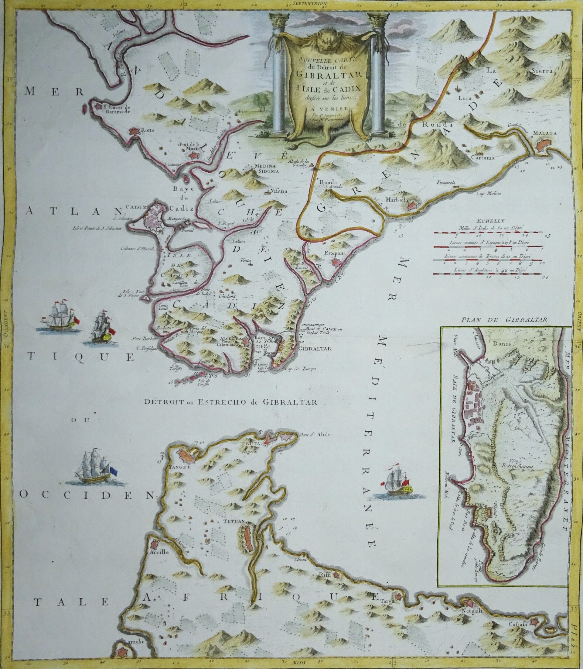 Gibraltar, Andalusia, Cadiz, Malaga, Marbella, Tangiers... Santini, 1784, Nouvelle Carte du Détroit de Gilbraltar et de Isle de Cadix dressée sur les lieux, À Vrnose Par P. Santini 1784 Chez Mr. Remondini