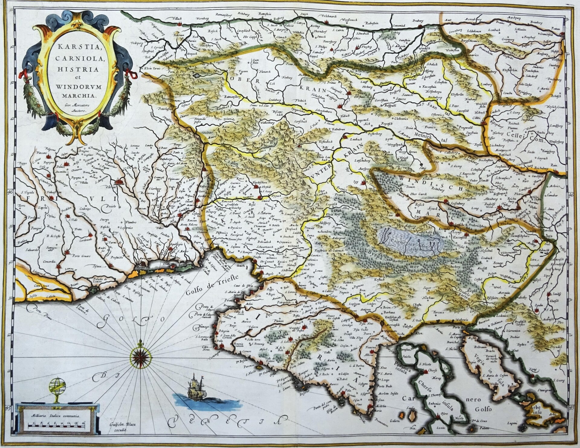 Italy, Slovenia, Croatia, Austria.. W. Blaeu, 1635, Karstia, Carniola, Histria et Windorum Marchia.