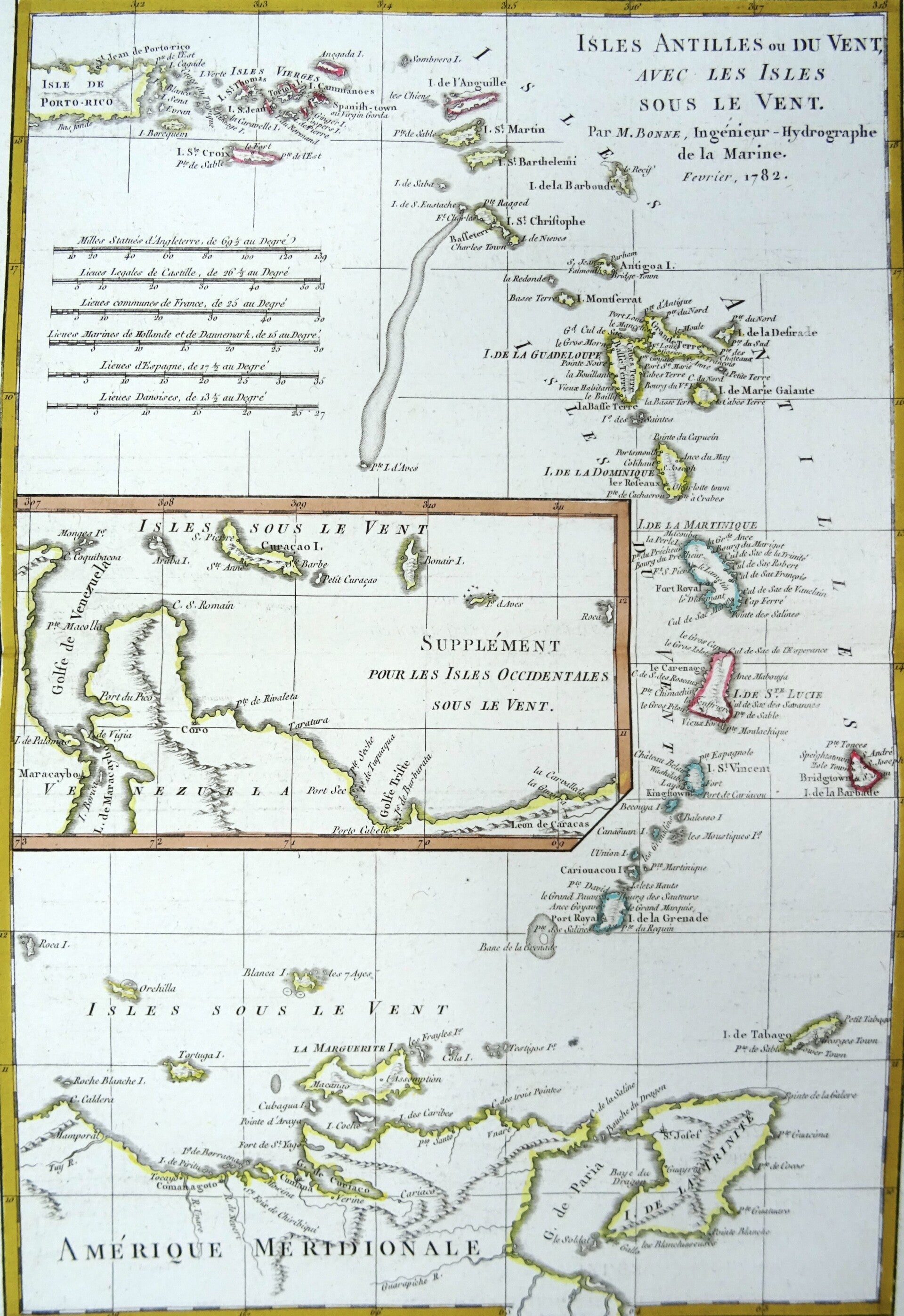 Antilles Islands, Caribbean Sea, Puerto Rico, Martinique, Curaçao... R. Bonne, 1782, Isles Antilles ou du Vent avec les Isles Sous le vent