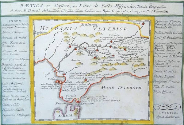 Spain, Andalucia, Sevilla, Cordoba, Malaga, Cadiz... Du Val, 1677, Baetica ex Caesare; ex Libris de Bello Hispanico, Tabula Geographica.