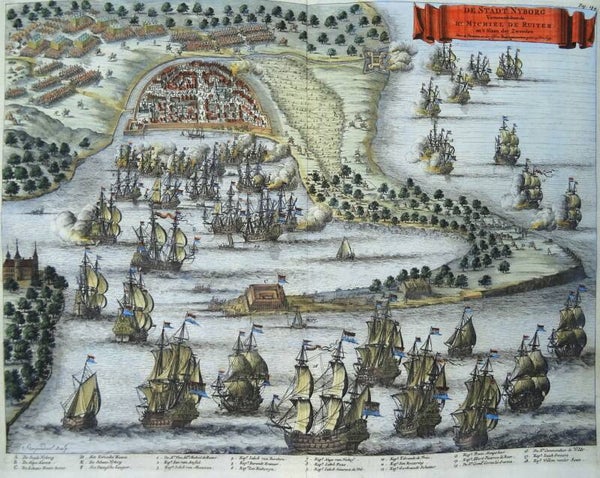 Denmark, Funen, Nyborg Stoopendaal / Blaeu, 1685, De Stadt Nyborg Veroverdt door de Hr. Michiel de Ruiter, …. op den 25 Nov. 1659