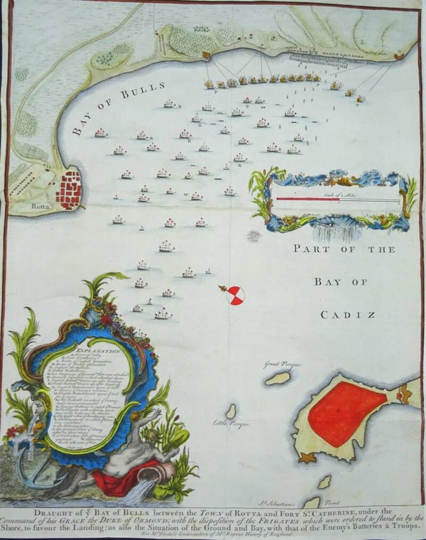 Spain, Cádiz, Rota, Tindal/Rapin/Basire, 1745,  Draught of ye Bay of Bulls between the Town of Rotta and Fort St. Catherine...