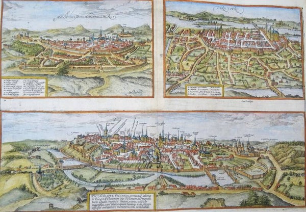 France, Montpellier, Tours, Poitiers, Braun & Hogenberg, 1580, Monspessulanus, Montpellier [&] Turo, Tours [&] Pictavis, sive Pictavia, Vernaculo Idiomate Poitiers