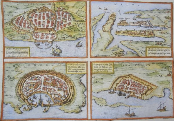 Malta, Rhodes, Sardinia, Cagliari, Cyprus, Famagusta, Braun & Hogenberg, 1580, Calaris / Malta / Rhodus/ Famagusta