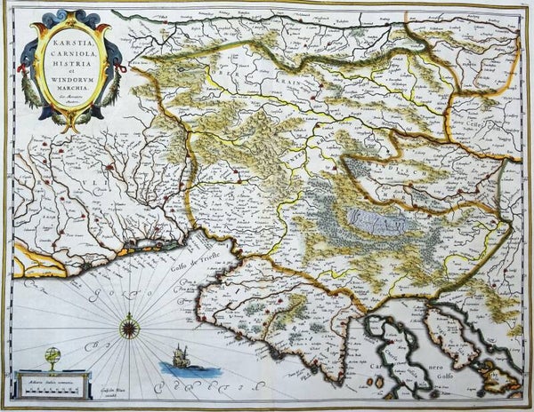 Italy, Slovenia, Croatia, Austria.. W. Blaeu, 1635, Karstia, Carniola, Histria et Windorum Marchia.