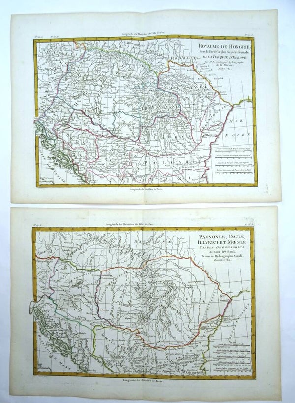 Hungary, Rumania, Bulgaria, Slovenia, Serbia, 2 maps, R. Bonne, 1781, Royaume de Hongrie.../Pannoniae, Daciae, Illyrici et Moedsiae Tabula Geographica