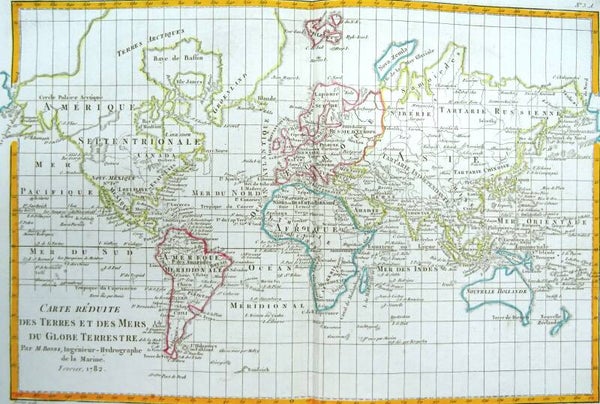 World Map, USA with Sea of the West, R. Bonne, 1782, Carte Réduite des Terres et des Mers du Globe Terrestre