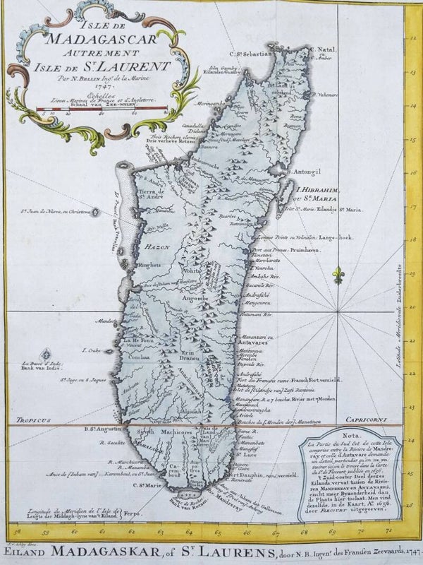 Madagascar, Bellin, 1753, Isle de Madagascar autrement isle de St Laurent / Eiland Madagaskar, of St. Laurens