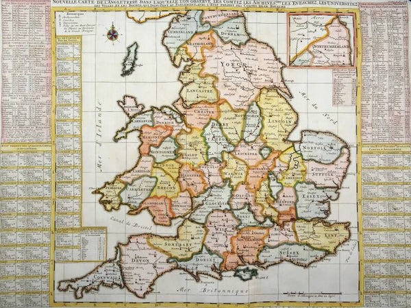 England, Wales, Chatelain/Guedeville, 1720,  Nouvelle Carte De L'Angleterre Dans Laqu'elle L'on Observe Les Comtez Les Archeves, Chez Les Eveschez, Le Univeristez.