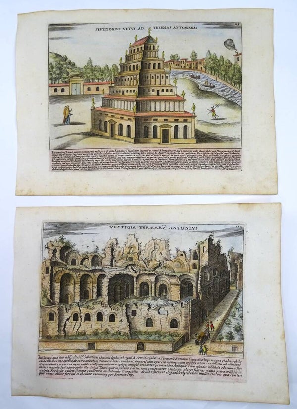 Rome, Appian Way, Baths of Antonius, Septizonium, 2 views  Giacomo Lauro, 1625, Vestigia Termaru Antonini / Septizonius vestu ad Thermas Antonianas