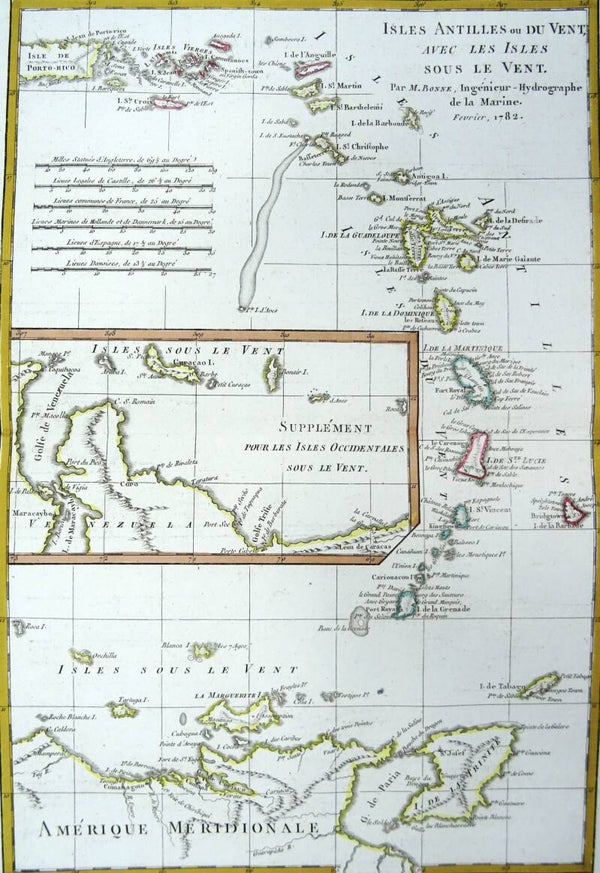 Antilles Islands, Caribbean Sea, Puerto Rico, Martinique, Curaçao... R. Bonne, 1782, Isles Antilles ou du Vent avec les Isles Sous le vent