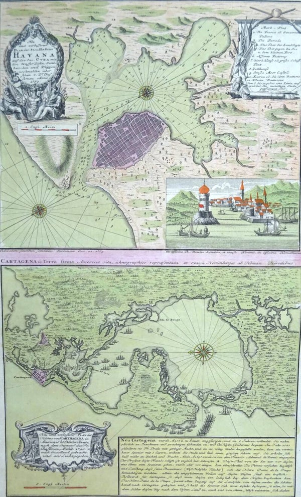 Cuba, Havana, Colombia, Cartagena de Indias Homan Heirs, 1759, Neu und Verbesserter Plan der St. u. Hafens Havana aus der Ins. Cuba/ Neu under verbesserter lan des Hafnes non Cathagena in America