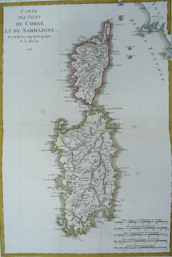 Italy, France, Sardinia, Corsica, R. Bonne, 1790, Carte des Isles de Corse et de Sardaigne