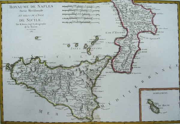 Italy, Malta, Sicily, Calabria, R. Bonne, 1789, Royaume de Naples partie Meridionale et celui de l´Isle de Sicile