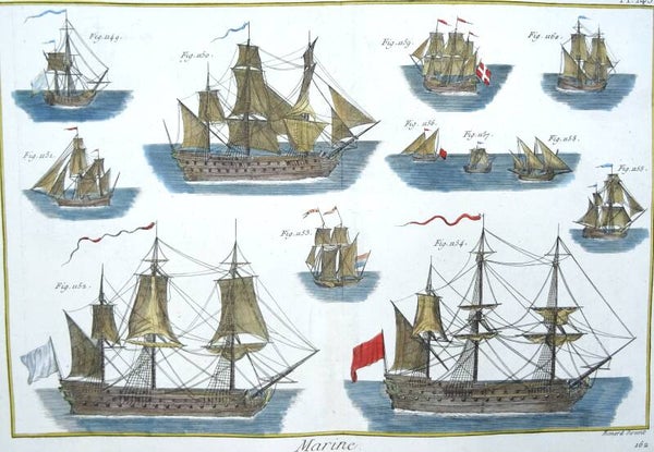 Sail ships 18th century, engraving by R. Benard, 1792, Marine
