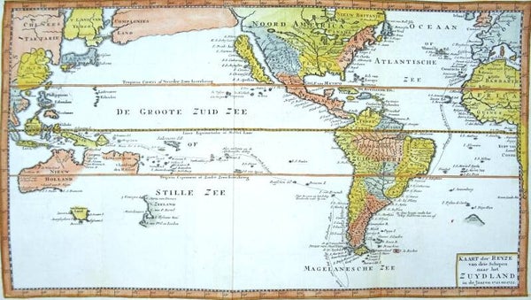 World map, California as island, Roggeveen, 1724, Kaart der Reyze van drie Schepen naar het Zuydland in de jaaren 1721 en 1722