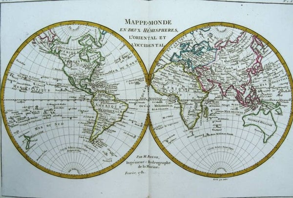 World Map, USA with Sea of the West, R. Bonne, 1781, Mappe-Monde en deux Hemispheres l´Oriental et l´Occidental