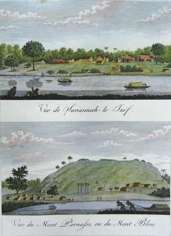 Suriname, Jodensavanne, Surinamerivier, Parnassusberg... Stedman, 1798, Vue du Savannah-le Juif/Vue du Mont Parnasse ou du Mont Bleu