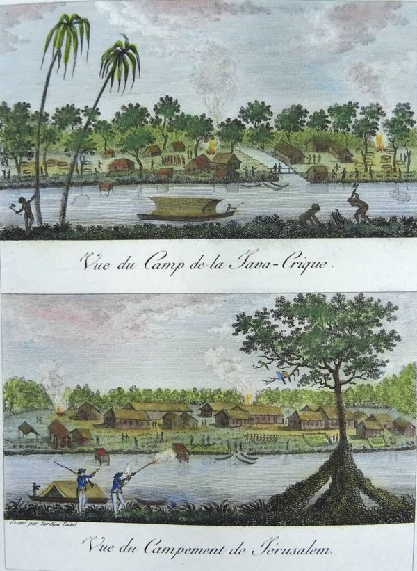 Suriname, Marowijne, Javanenskreek, Wanaba Kreek, Cotticakreek...... Stedman, 1798, Vue du Camp de la Java-Crique/Vue du Campement de Jerusalem