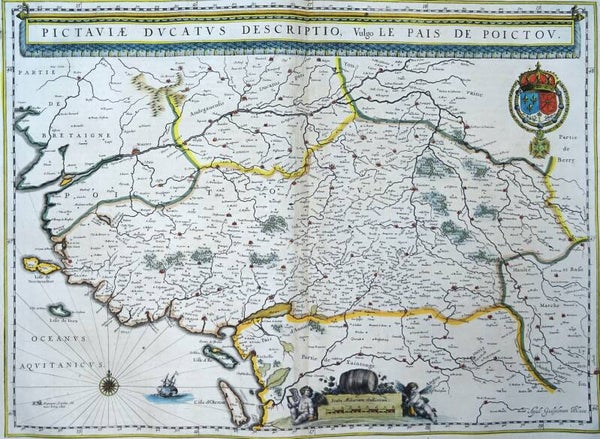 France, Poitou, Île de Ré, Île de Olerón, Île de Noirmoutier, La Rochelle, Nantes... W. Blaeu, 1635, Pictaviae Ducatus Descriptio Vulgo le Pais de Poictou