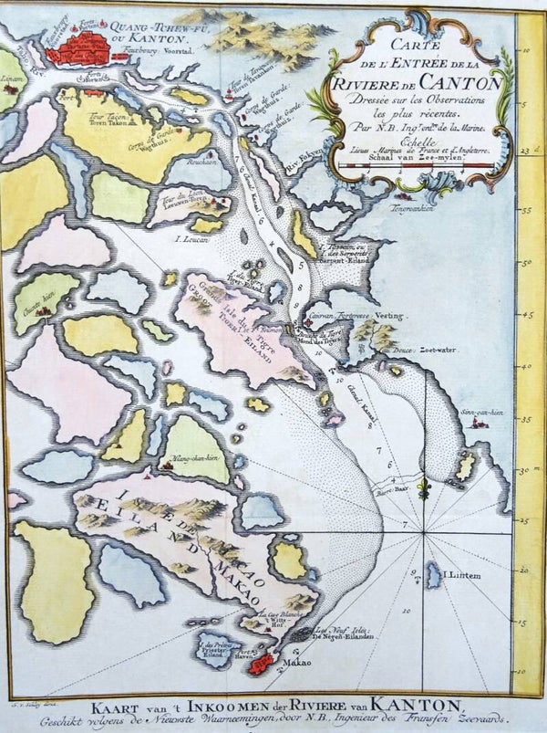 China, Guangdong, Guangzhou, Macau, Hong Kong, Zhujiang River J.N. Bellin, 1749, Carte de l'Entrée de la Riviere de Canton / Kaart van ´t Inkoomen der Riviere van Kanton