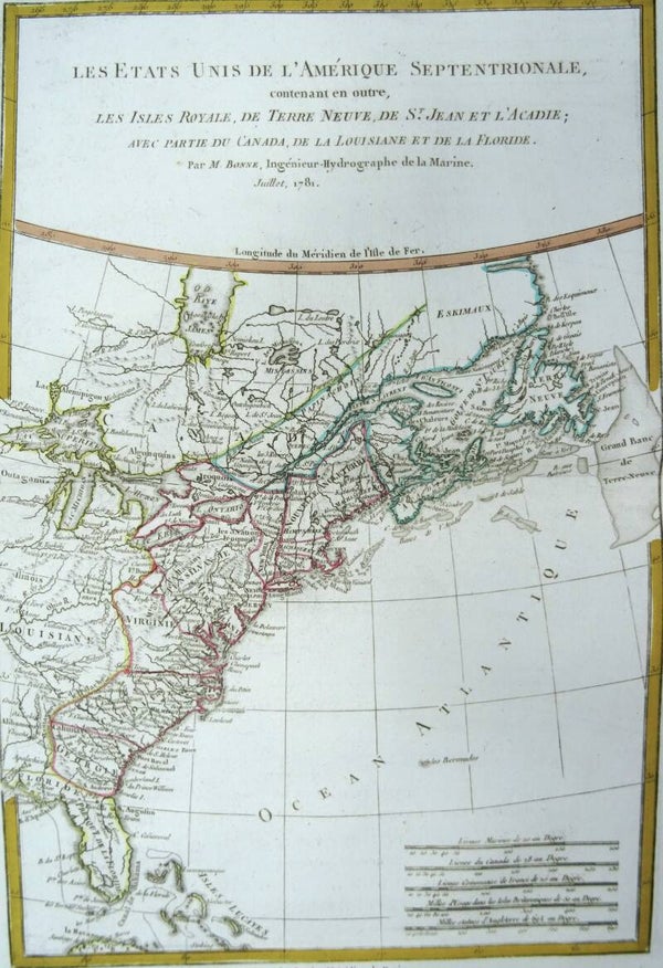 North America, USA, Canada, R. Bonne, 1781, Les Etats Unis de l´Amérique Septentrionale…